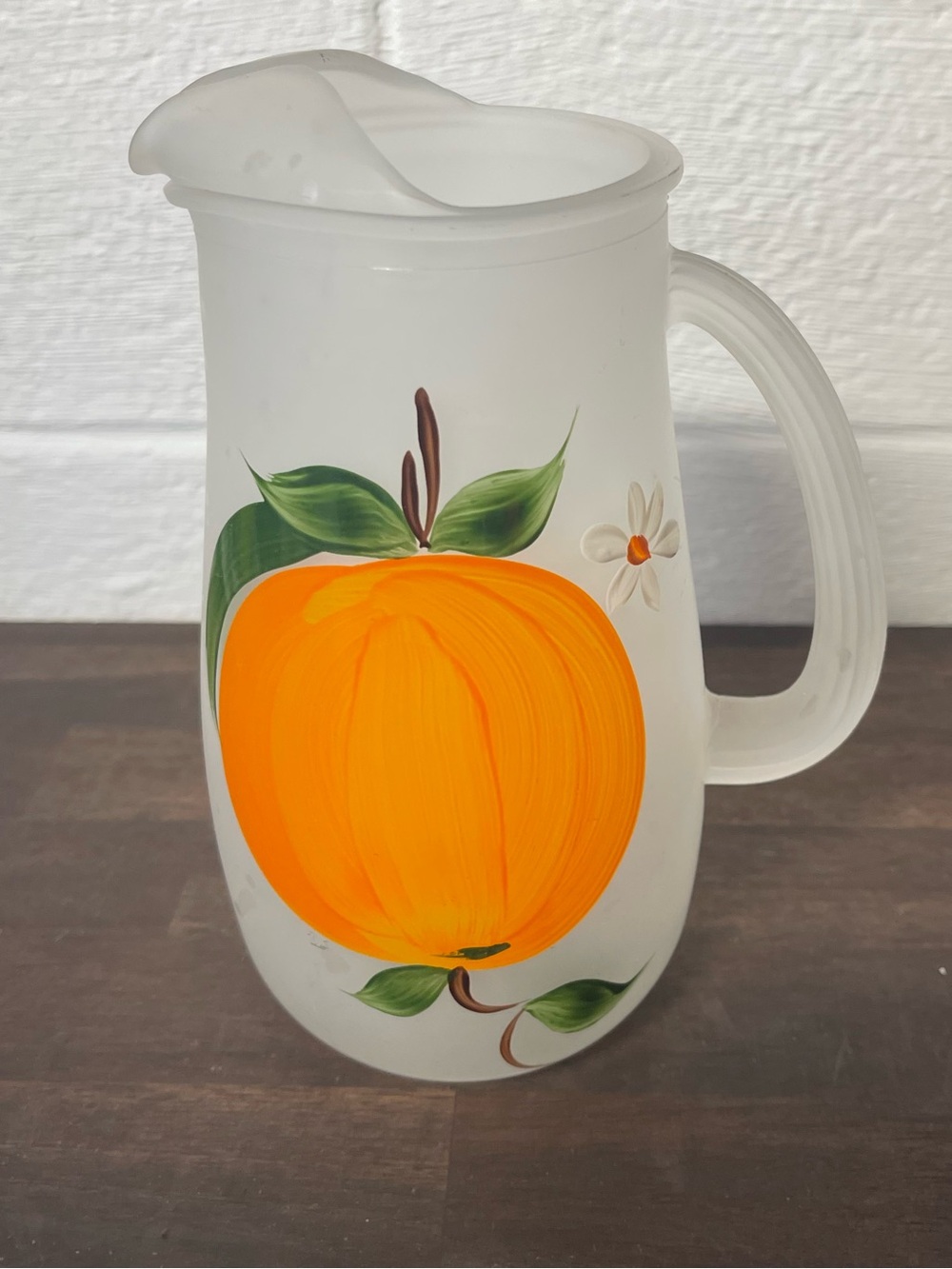 Vintage Frosted Glass Orange Fruit Pitcher Hand Painted Retro Kitchen Decor 8”